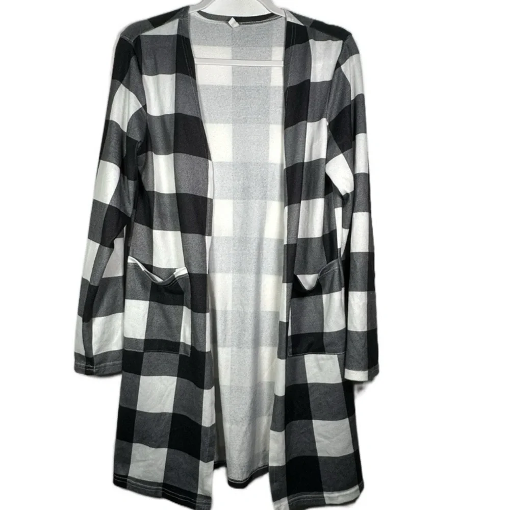 Womens Black White Buffalo Plaid Long Duster Open Cardigan Sweater Coat Jacket S